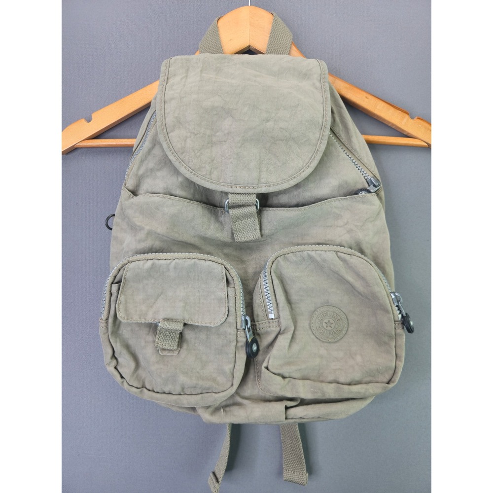 Kipling Backpack Seoul Small Khaki Tan Nylon Multi-Pocket Vintage Y2K Travel Bag